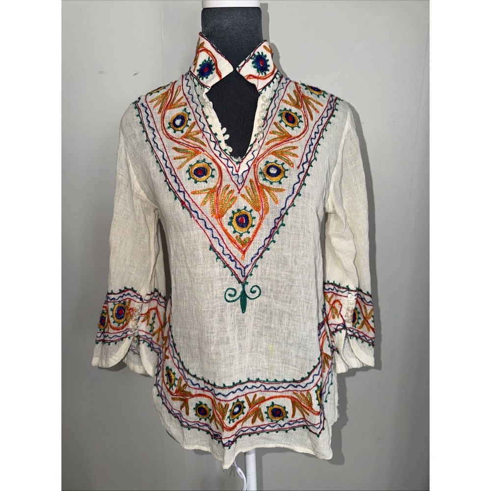 Vintage India Cotton Embroidered Boho Floral Hippie Shirt Blouse Top. Festival S